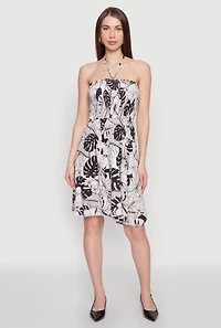 Womens Tropical Print Smocked Halter Neck Dress, Multi, Size M