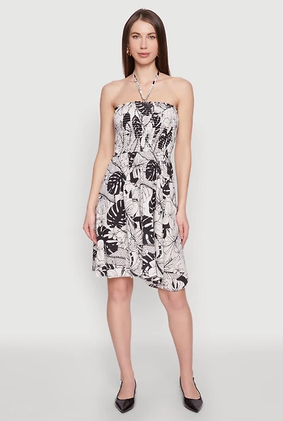 Tropical Print Smocked Halter Neck Dress