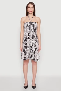 Womens Tropical Print Smocked Halter Neck Dress, Multi, Size XL