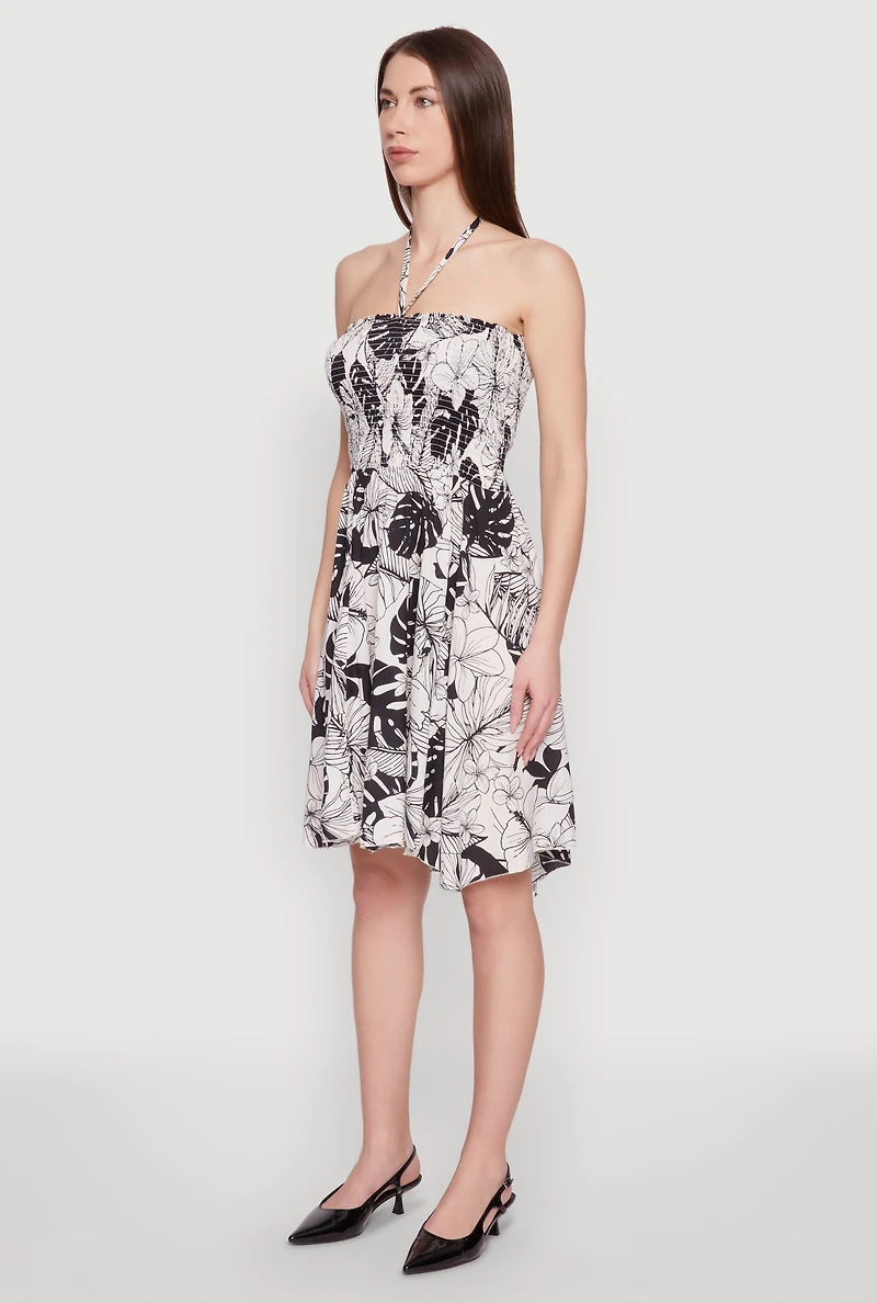 Womens Tropical Print Smocked Halter Neck Dress, Multi,