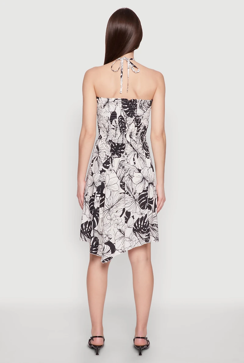 Womens Tropical Print Smocked Halter Neck Dress, Multi,