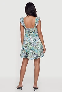 Sleeveless Floral Smocked Back Short Dress with Square Neckline