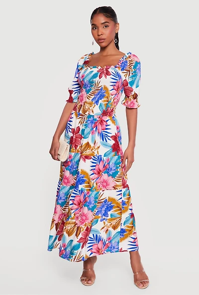 Floral Puff Sleeve Square Neck Tiered Maxi Dress