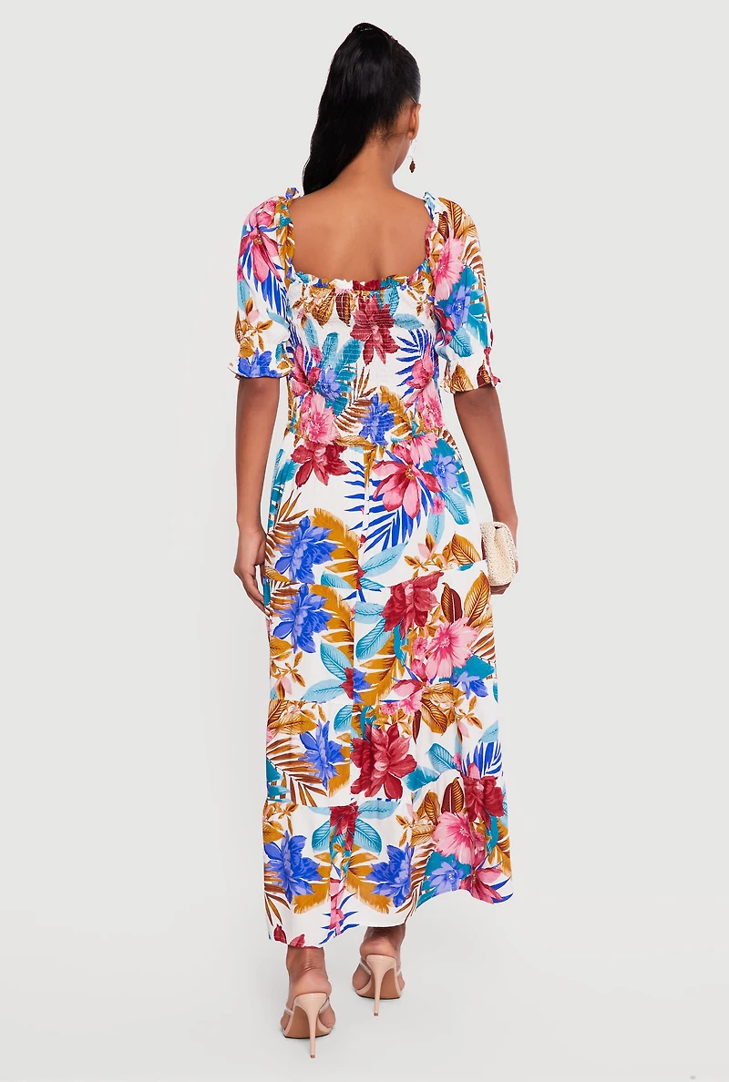 Floral Puff Sleeve Square Neck Tiered Maxi Dress