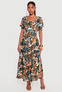 Tropical Floral Puff Sleeve Square Neck Tiered Maxi Dress