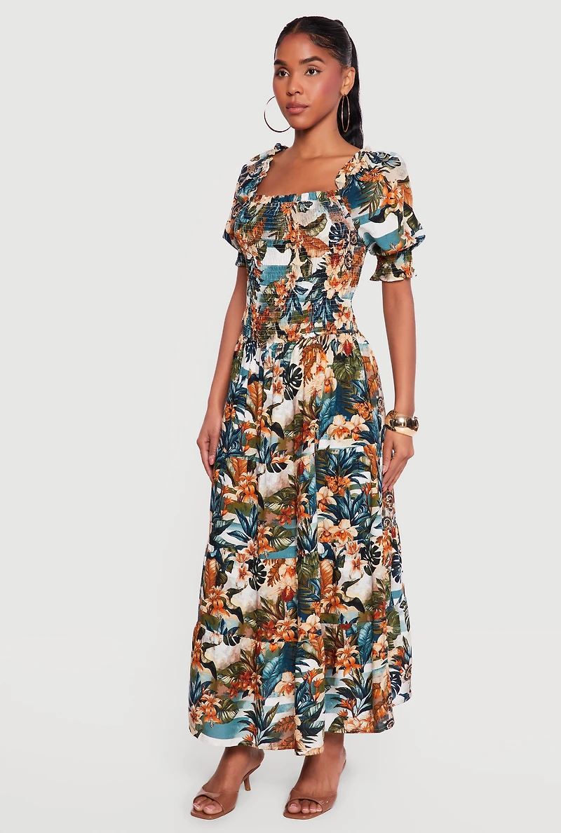 Tropical Floral Puff Sleeve Square Neck Tiered Maxi Dress