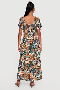 Tropical Floral Puff Sleeve Square Neck Tiered Maxi Dress
