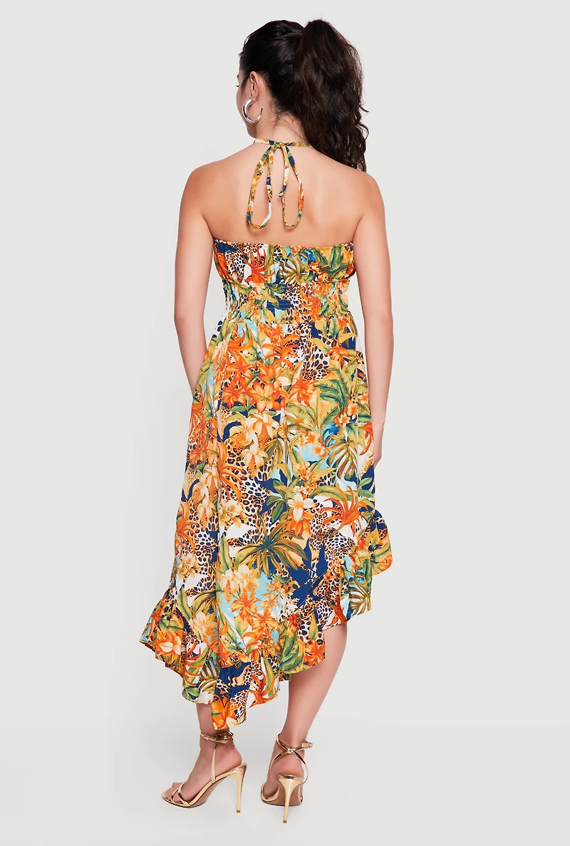 Floral Leopard Print Asymmetrical Ruffle Trim Dress