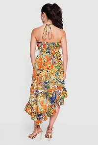 Floral Leopard Print Asymmetrical Ruffle Trim Dress