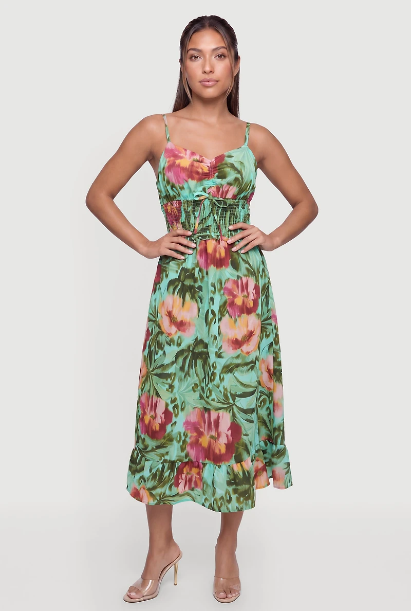 Floral Ruffle Trim Smocked Waist Midi Dress
