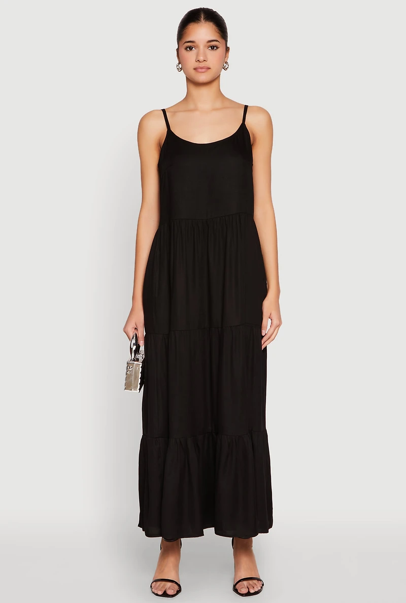 Womens Scoop Neck Tiered Maxi Dress, Black, Size M
