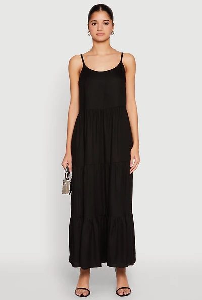 Womens Scoop Neck Tiered Maxi Dress, Black, Size M