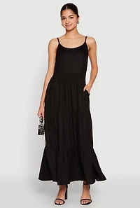 Womens Scoop Neck Tiered Maxi Dress, Black, Size M