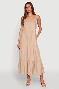Womens Scoop Neck Tiered Maxi Dress, Beige,