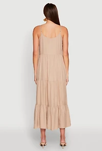 Womens Scoop Neck Tiered Maxi Dress, Beige,