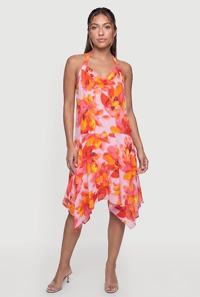 Floral Cowl Halter Neck Sharkbite Hem Dress