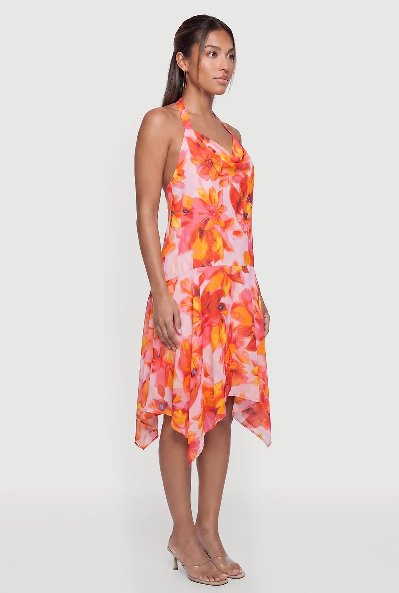 Floral Cowl Halter Neck Sharkbite Hem Dress