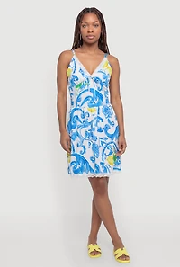 Lemon Print Lace Trim Smocked Back Bustier Dress