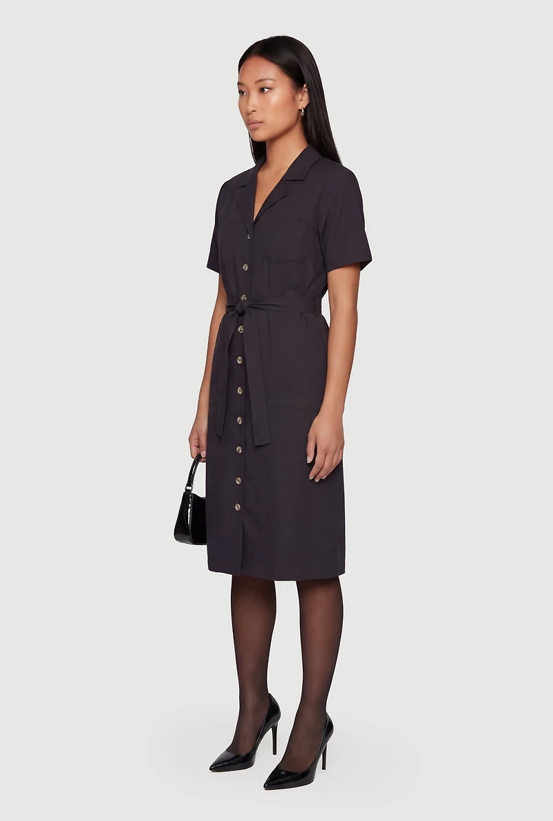 Poplin Tie Waist Belted Button Front Dress