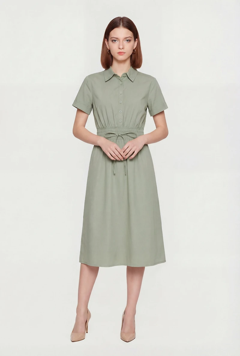 Poplin Half Button Front Drawstring Waist Shirt Dress