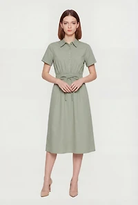 Poplin Half Button Front Drawstring Waist Shirt Dress