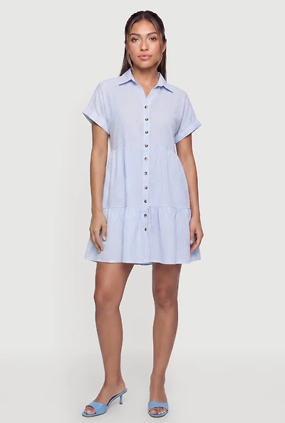 Striped Button Front Tiered Shirt Dress