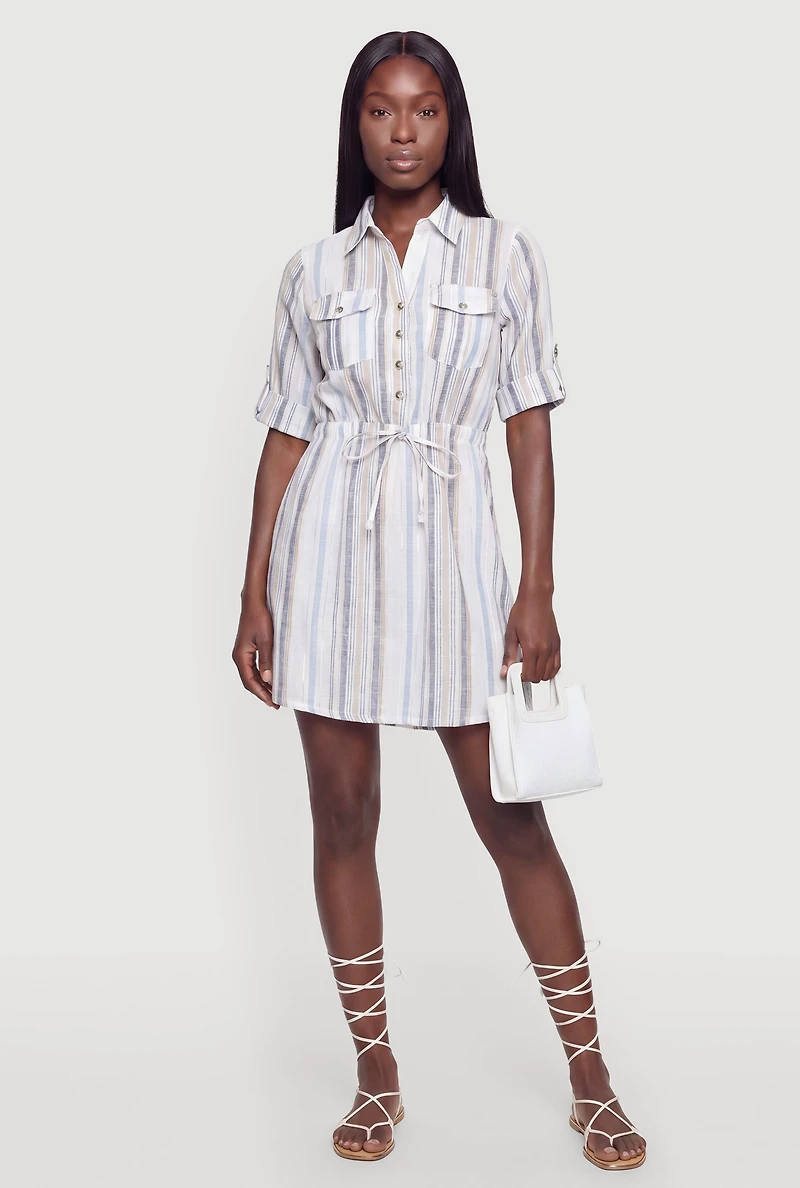 Tabbed Sleeve Striped Shirt Dress