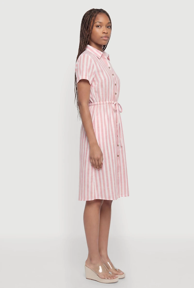 Striped Drawstring Waist Midi Shirt Dress