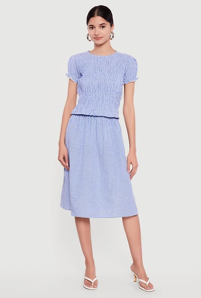 Gingham Puff Sleeve Smocked Midi Dress