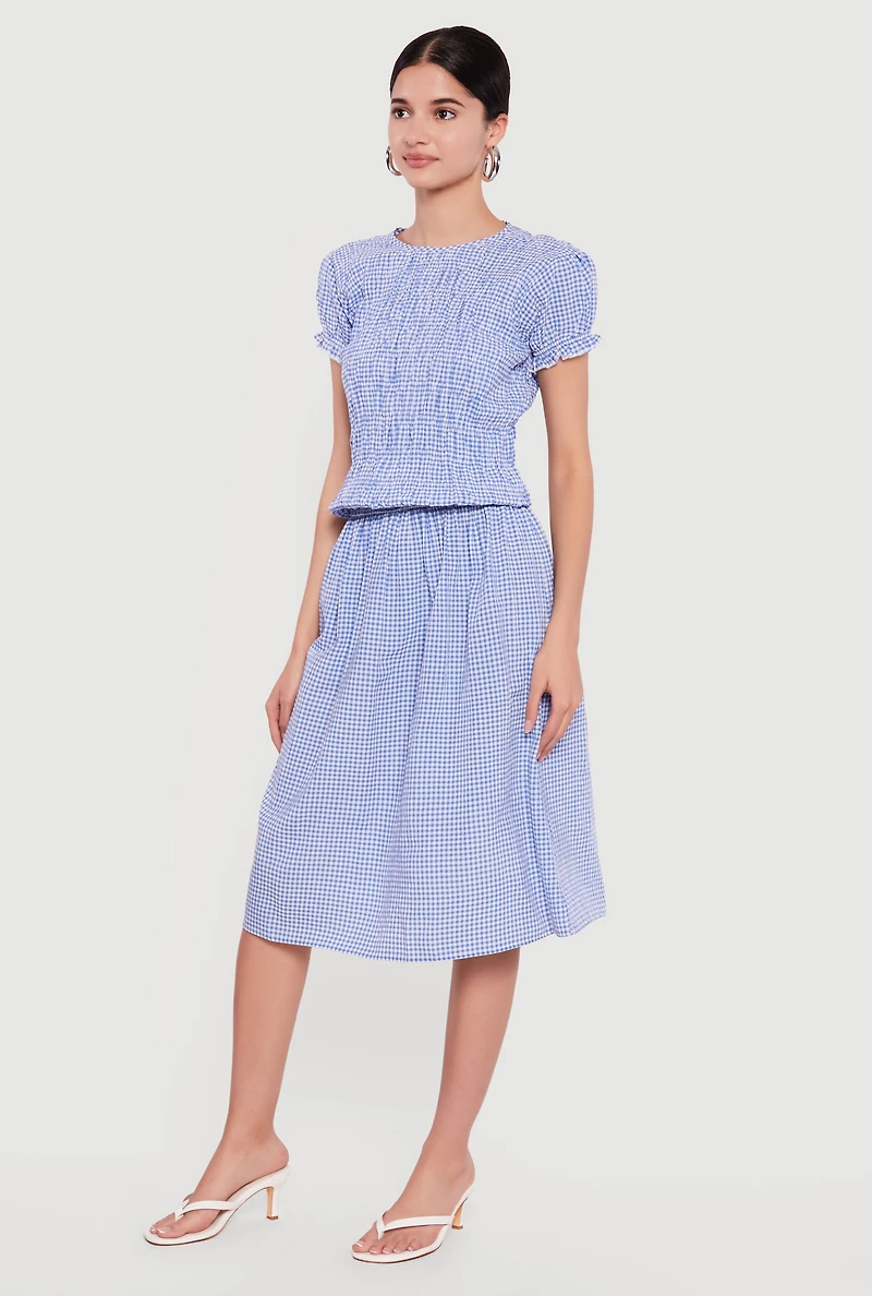Gingham Puff Sleeve Smocked Midi Dress