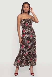 Floral Leopard Print Ruffle Tiered Tube Dress