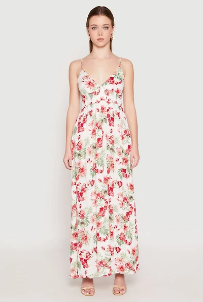 Womens Floral Print Empire Waist Maxi Dress, White, Size S