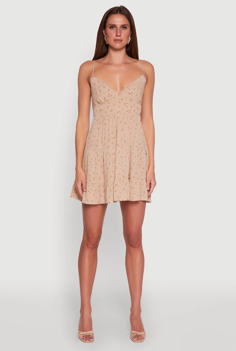 Womens Ditsy Floral Print Tiered Dress, Beige, Size S