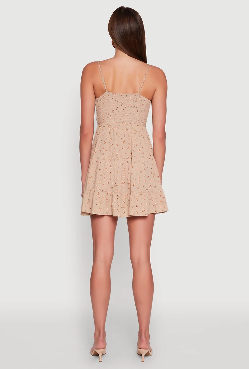 Womens Ditsy Floral Print Tiered Dress, Beige, Size S