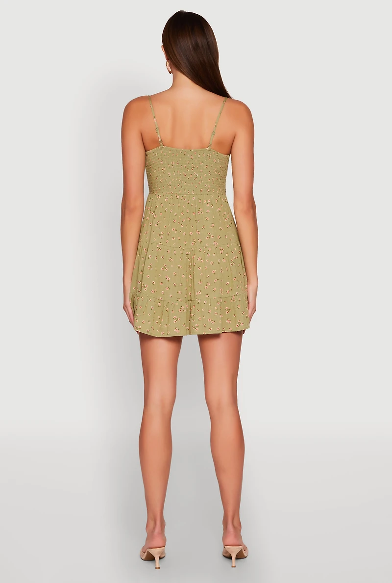 Womens Ditsy Floral Print Tiered Dress, Green, Size S