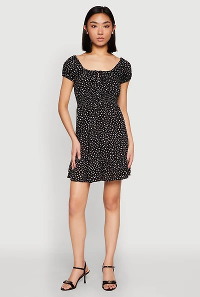 Womens Floral Peasant Mini Dress, Black, Size M