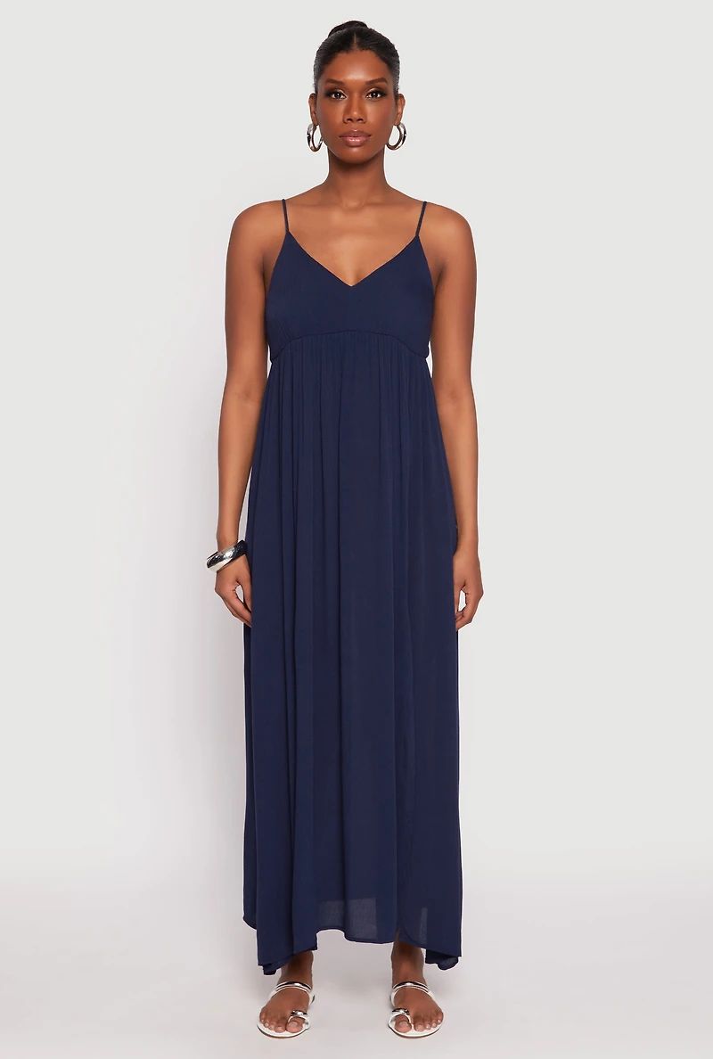 Womens V Neck Double Slit Maxi Dress, Blue, Size S