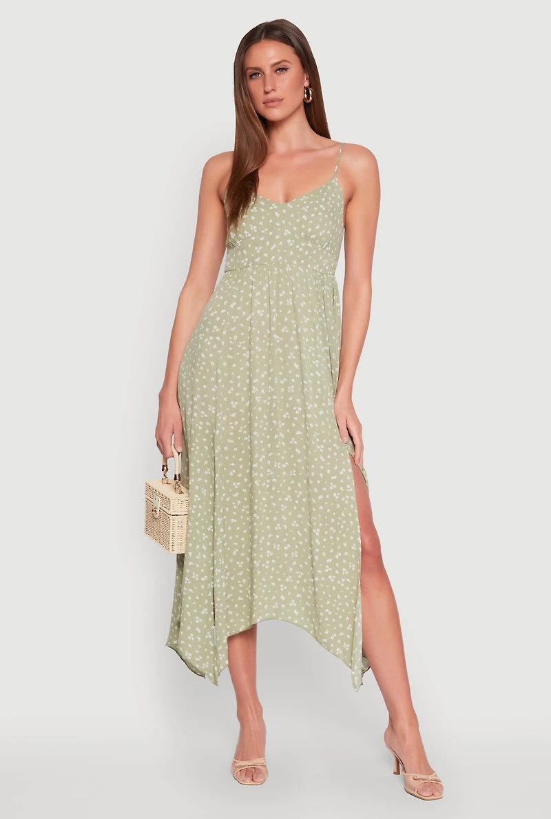 Womens Floral Print Slit Hem Maxi Dress, Green, Size S
