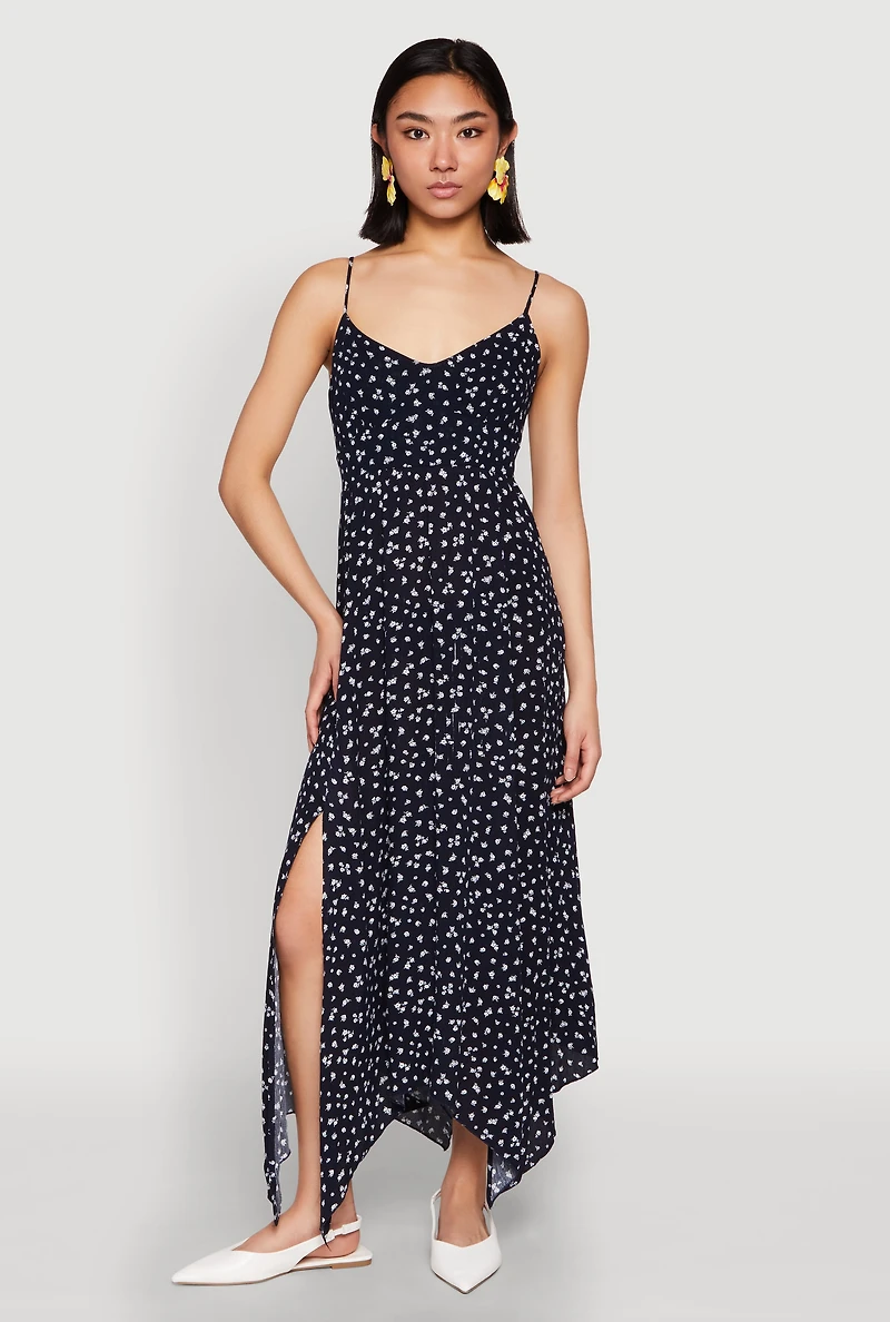 Womens Floral Print Slit Hem Maxi Dress, Blue, Size S