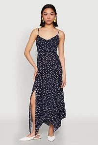 Womens Floral Print Slit Hem Maxi Dress, Blue, Size S