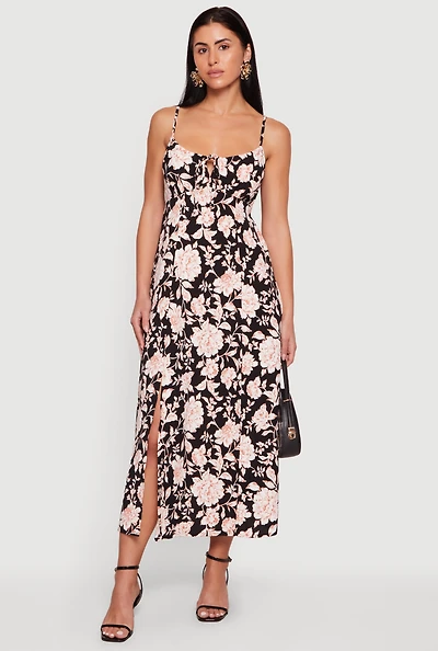 Floral Front Slit Keyhole Detail Midi Dress