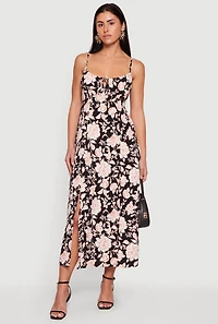Floral Front Slit Keyhole Detail Midi Dress