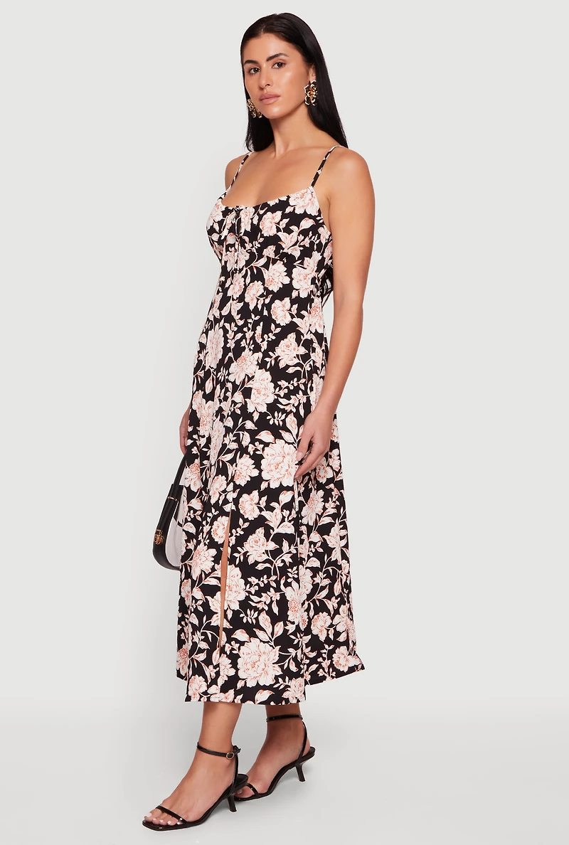 Floral Front Slit Keyhole Detail Midi Dress