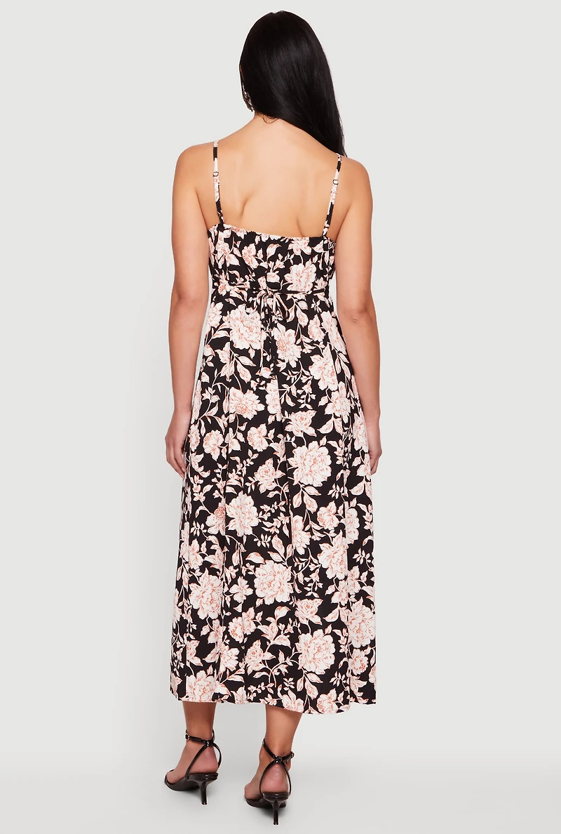 Floral Front Slit Keyhole Detail Midi Dress