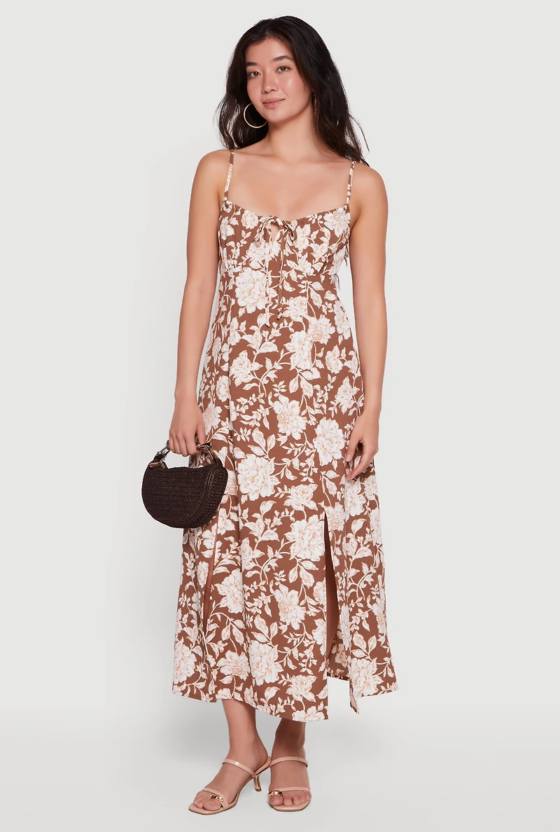 Floral Front Slit Keyhole Detail Midi Dress