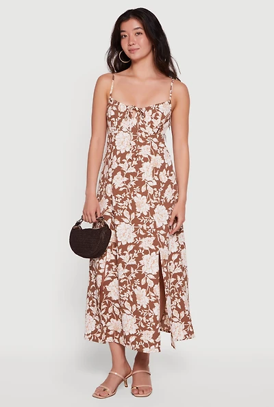Floral Front Slit Keyhole Detail Midi Dress