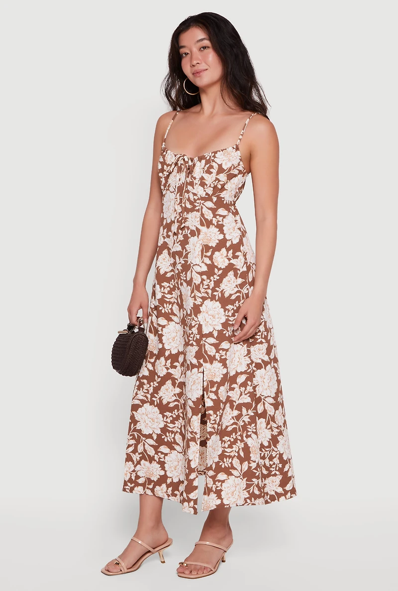Floral Front Slit Keyhole Detail Midi Dress