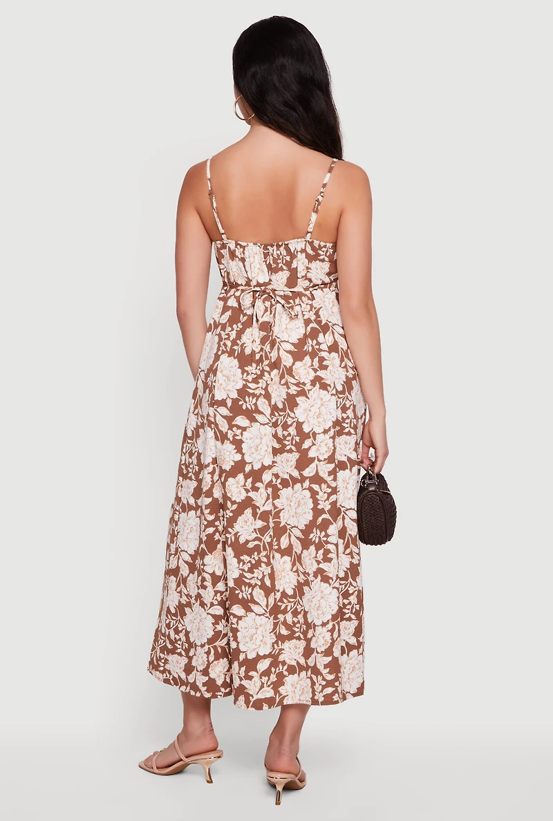Floral Front Slit Keyhole Detail Midi Dress