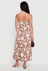 Floral Front Slit Keyhole Detail Midi Dress