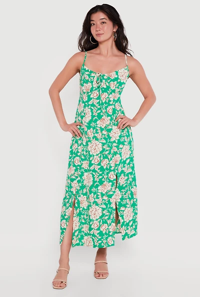 Floral Front Slit Keyhole Detail Midi Dress